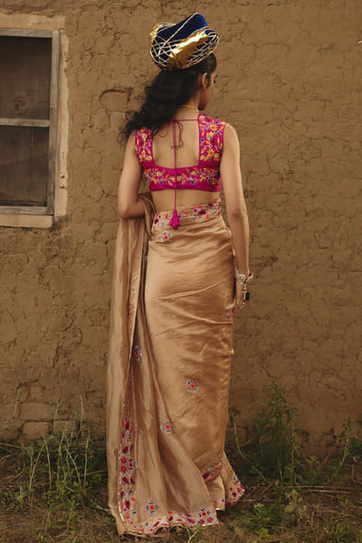 Rashika Mittal Gold floral embroidered sari RASHJUN26D146568