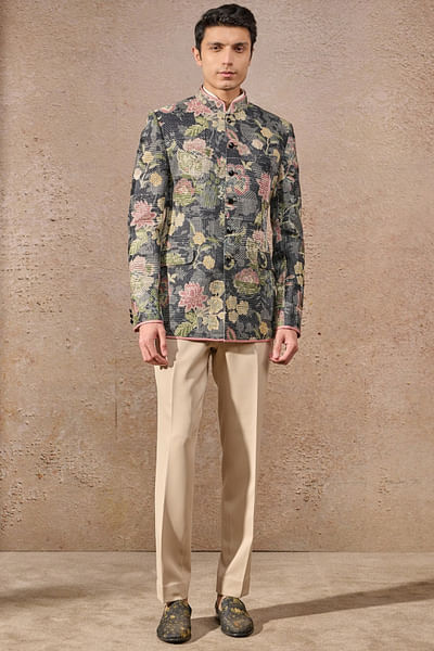 Charcoal floral motif textured bandhgala set
