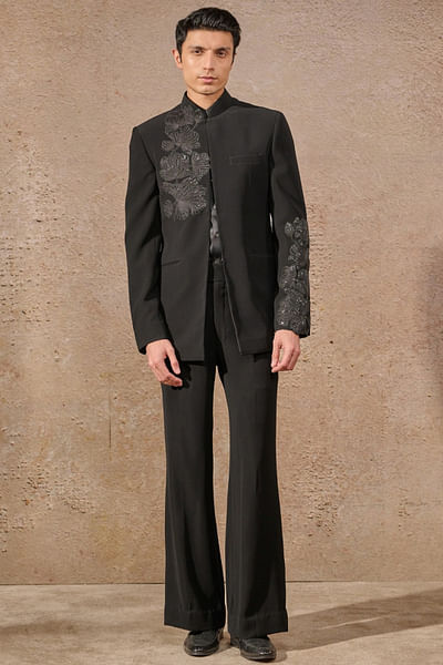 Black floral sequin patchwork bandhgala set