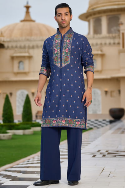 Navy blue thread hand-embroidered kurta set