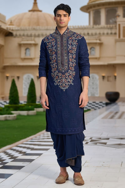 Navy blue thread embroidered kurta dhoti set
