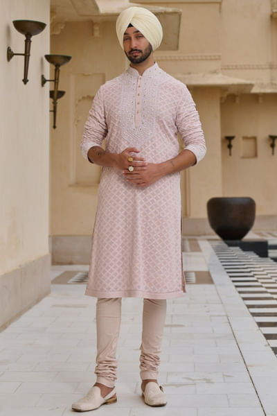 Salmon pink chikankari embroidered kurta set