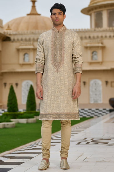 Brown printed and thread embroidered kurta set