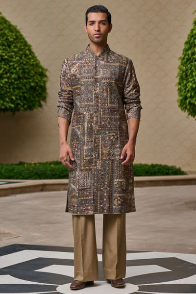 Multicolour printed front-open kurta set