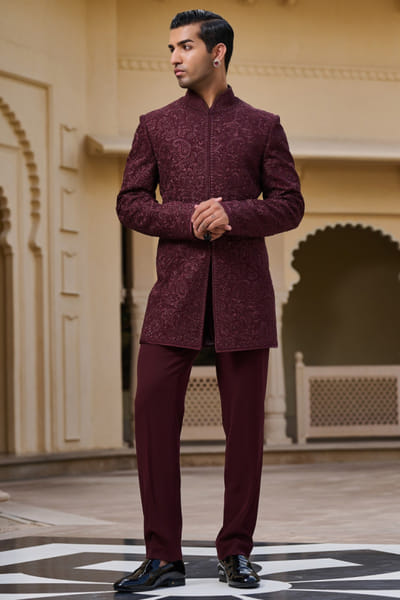 Wine tonal thread embroidered bandhgala set