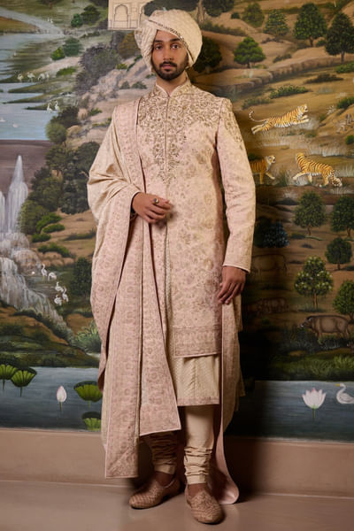 Salmon pink thread embroidered sherwani set