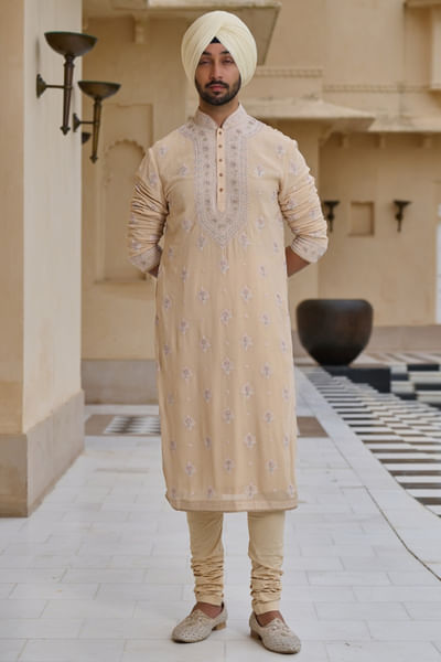Beige chikankari embroidered kurta set