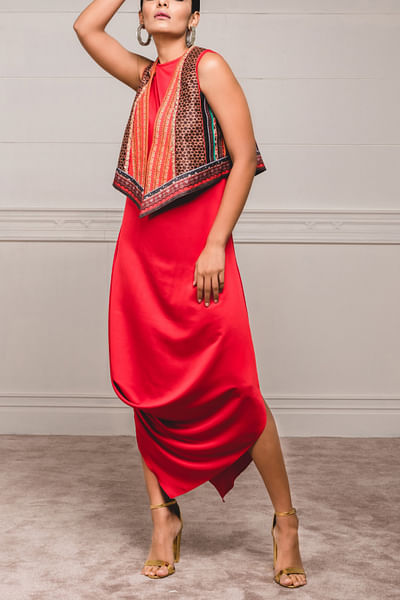 Red draped dress and gillet