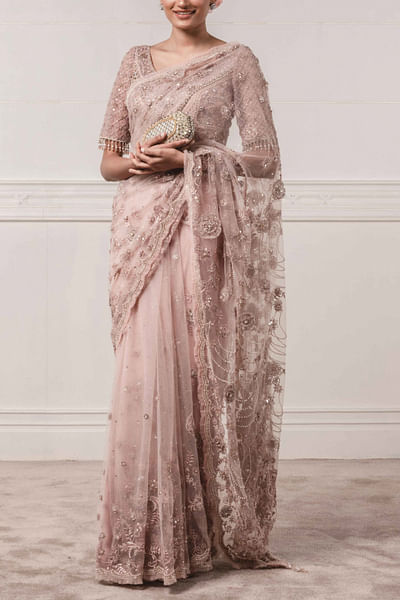 Lilac embroidered tulle sari set