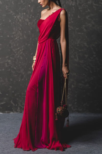 Crimson draped chiffon concept sari set
