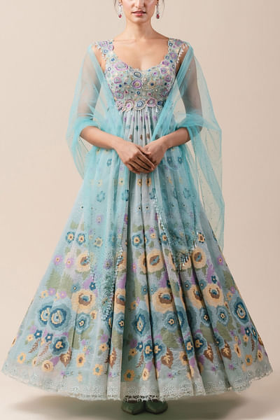 Aqua embroidered anarkali set