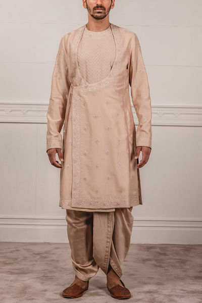 Salmon pink angrakha kurta dhoti set