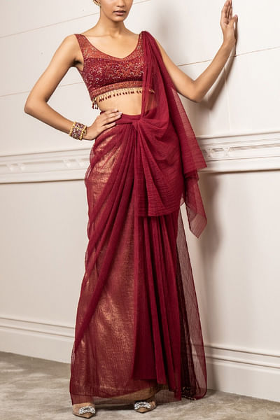 Maroon crinkled draped concept sari set