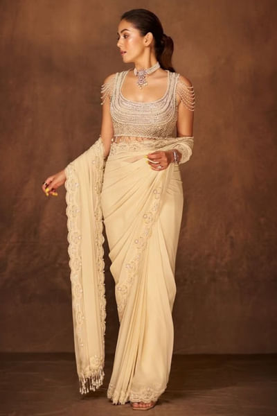 Pista green pearl embellished sari set