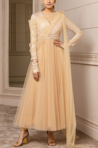 Gold dotted crinkle jersey anarkali set