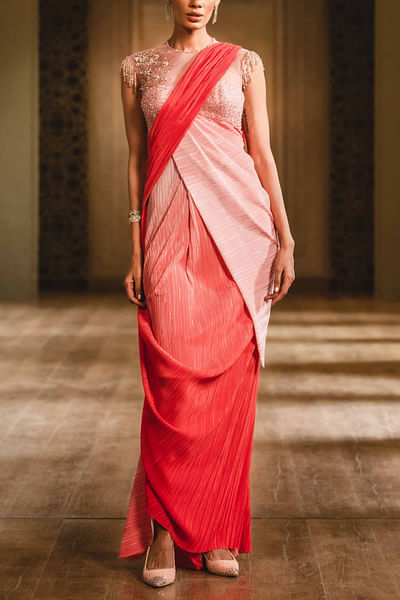Coral crinkled concept sari and bustier