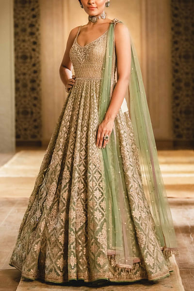 Green resham embroidered anarkali set