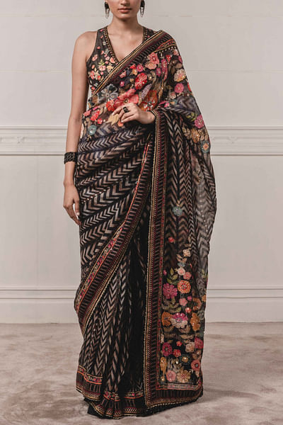Black printed organza sari set