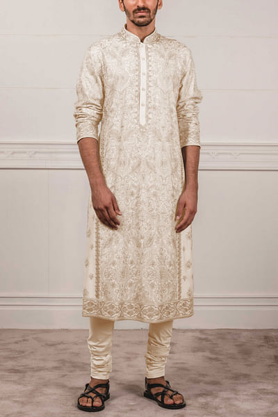 Ivory embroidered cotton silk kurta set