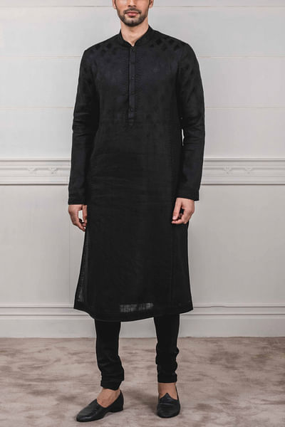 Black embroidered linen kurta set
