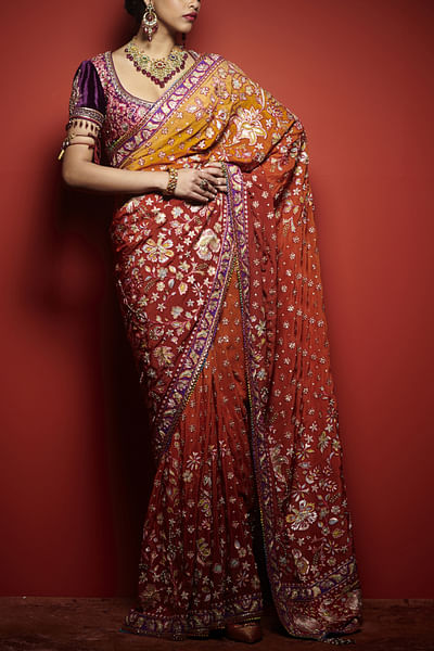 Ombre shaded embroidered sari set