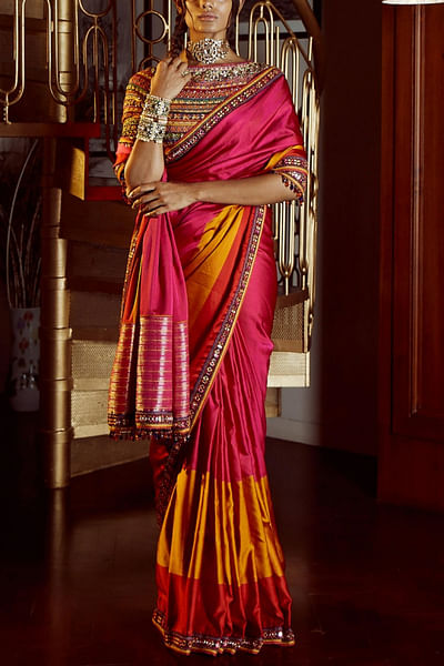Colour-blocked embroidered sari set