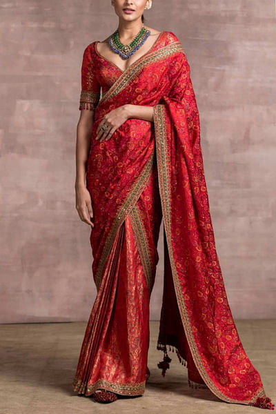 Red brocade pre-pleated sari set