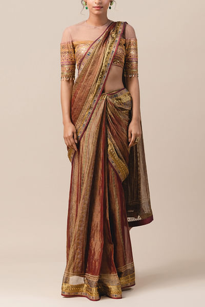 Red zari georgette sari set