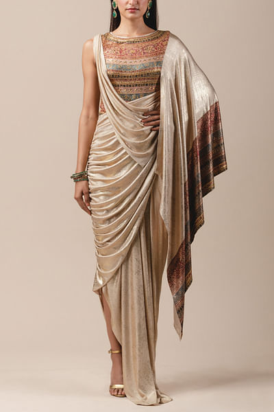 Red metallic draped sari set