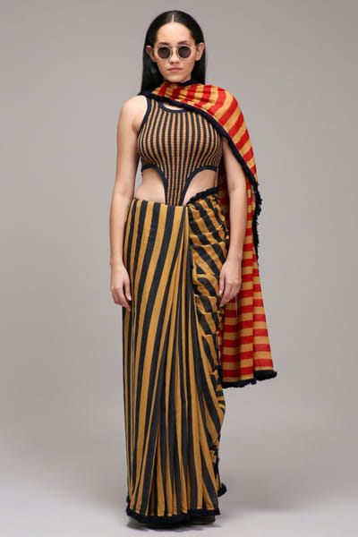 Tan brown striped bodysuit and sari set