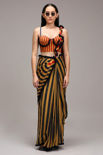 Brown stripe printed corset sari set