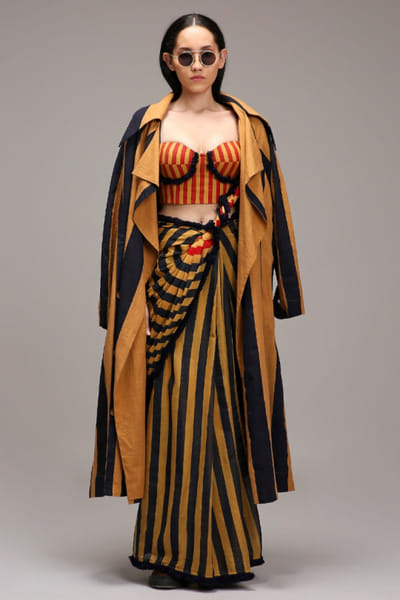 Tan brown stripe printed sari set