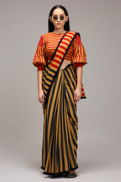 Brown stripe printed cotton sari set