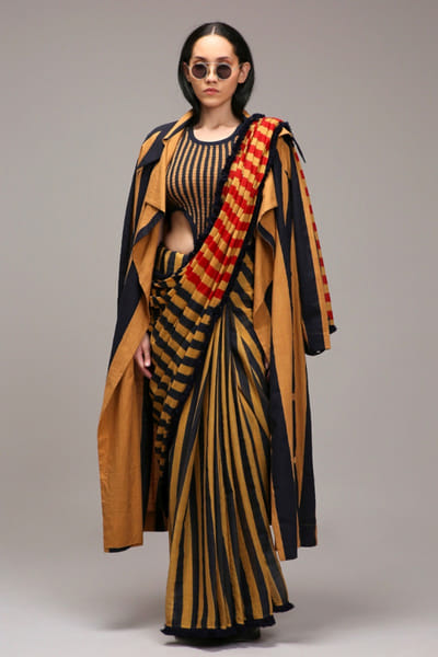 Brown printed jacket sari set