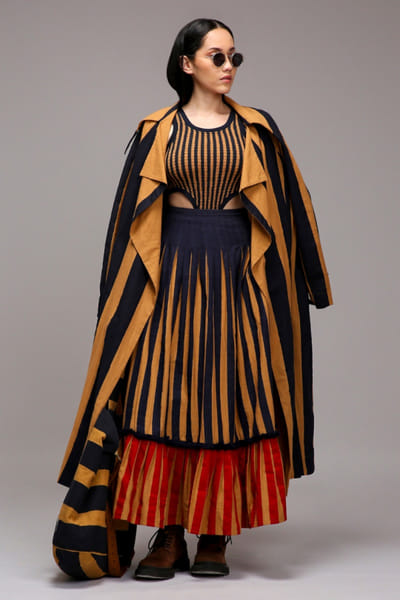 Brown stripe printed jacket skirt set