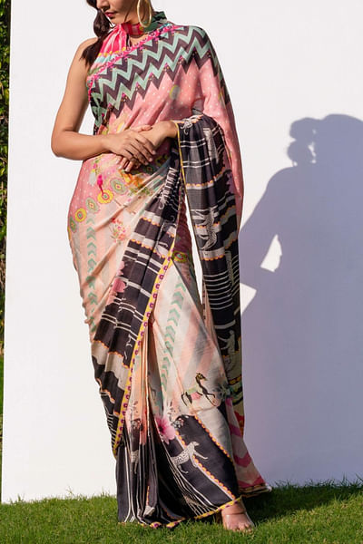 Multicoloured satin silk sari set