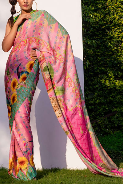 Multicoloured printed sari set