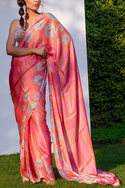 Pink floral printed sari set