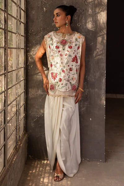 Aneeka Ruknuddin Ivory hand-embroidery top and draped skirt set ANEEJUL26D249824