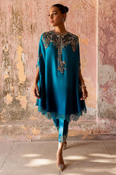Aneeka Ruknuddin Blue embellished raw silk cape set ANEEJUL26D249826