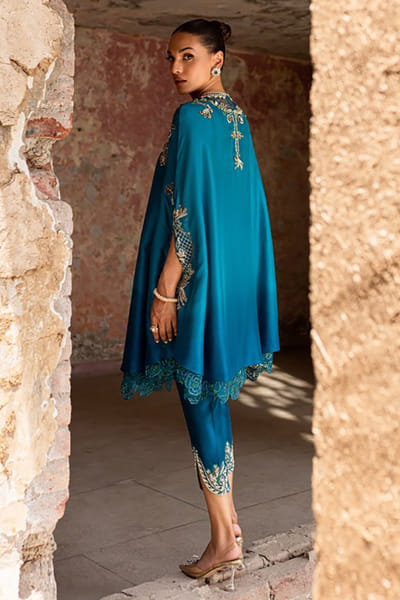 Aneeka Ruknuddin Blue embellished raw silk cape set ANEEJUL26D249826