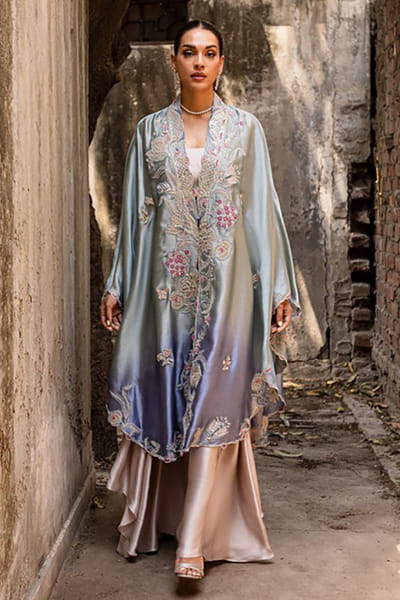 Aneeka Ruknuddin Violet and mint ombre embellished cape set ANEEJUL26D249829