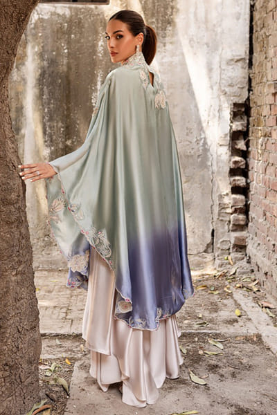 Aneeka Ruknuddin Violet and mint ombre embellished cape set ANEEJUL26D249829