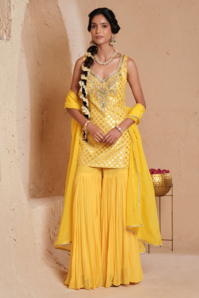 Mustard yellow brocade kurta set