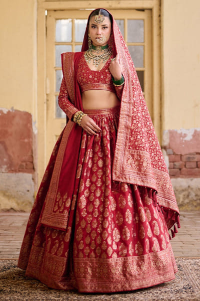 Deep red zari gota embroidered lehenga set