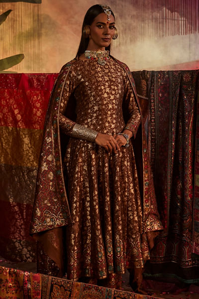 Brown banarasi woven anarkali set