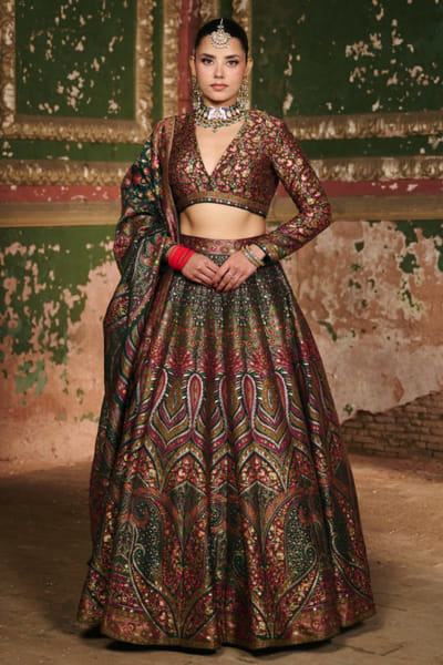 Safaa Bottle green multicoloured kani weave lehenga set SAFFEB26D138950