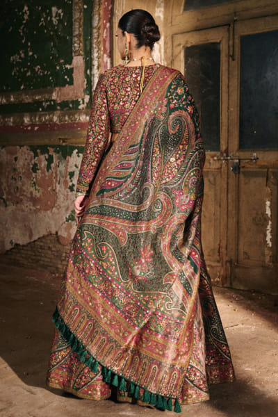 Safaa Bottle green multicoloured kani weave lehenga set SAFFEB26D138950