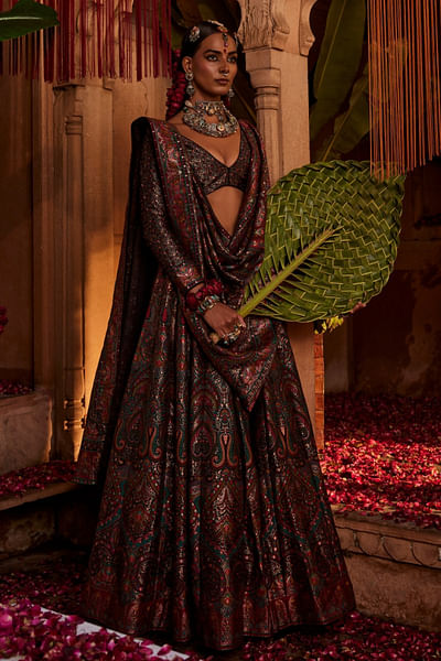 Black intricately woven lehenga set