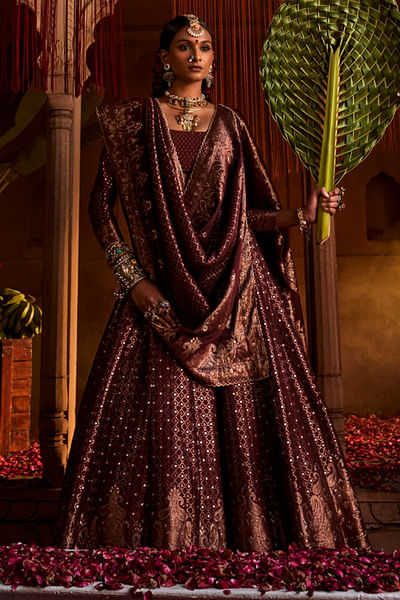 Deep burgundy geometric woven lehenga set